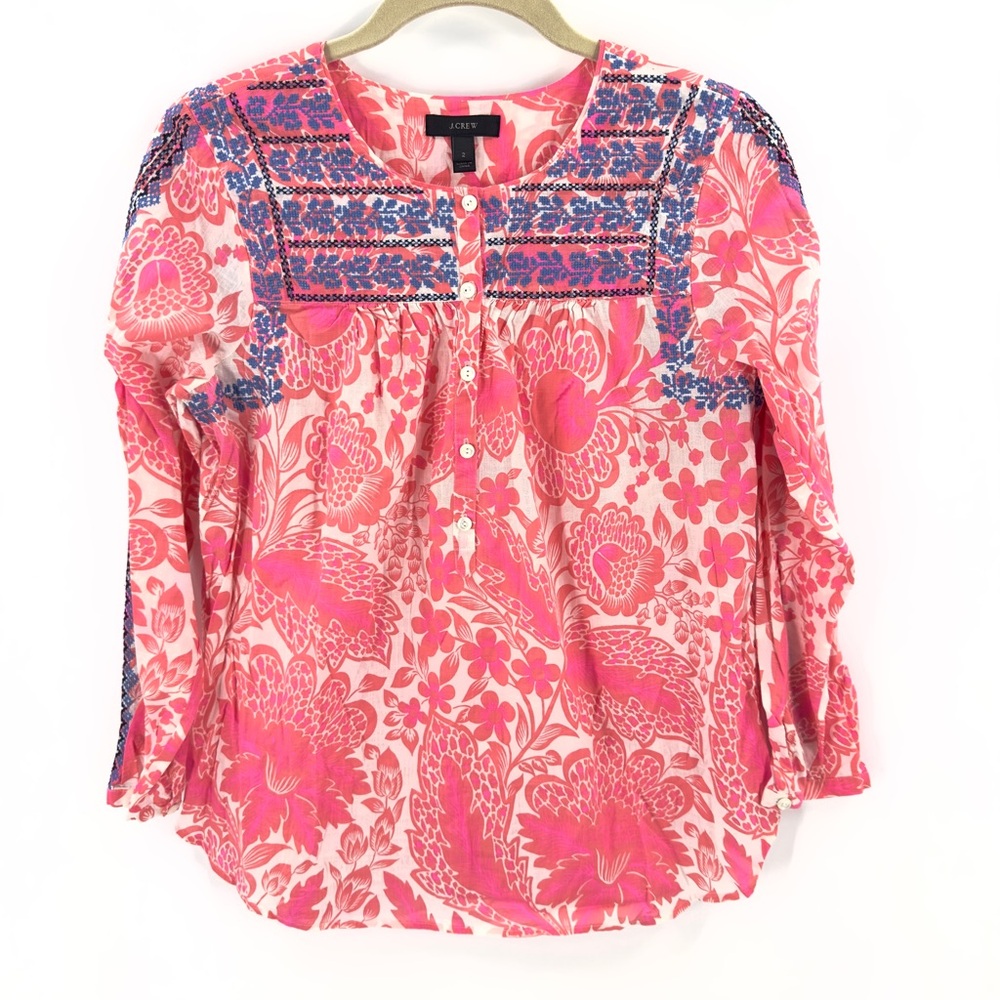 J Crew Floral Embroidered Blouse Top Womens Size 2 Tropical Peasant Boho Cotton - Picture 13 of 13